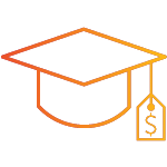 An icon of a graduation cap with a price tag hanging off with an orange to yellow gradient.